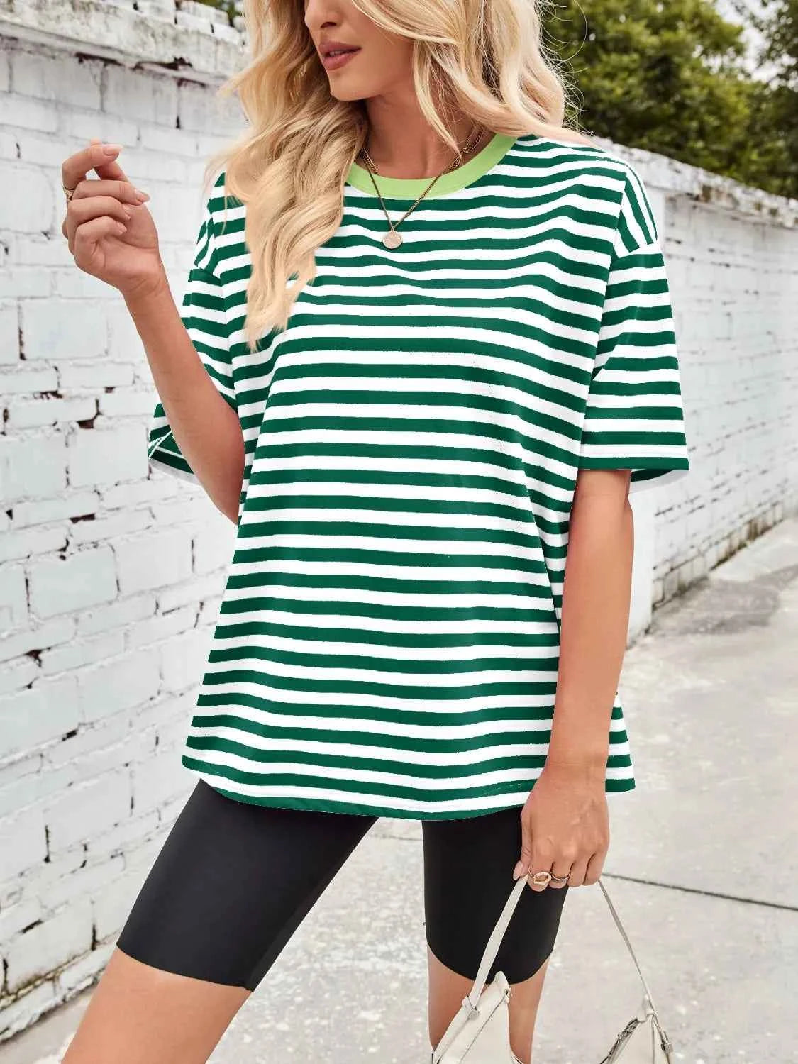 Contrast Striped Round Neck T-Shirt Dark Green