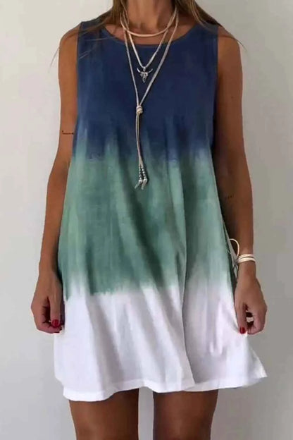Full Size Tie-Dye Sleeveless Mini Tank Dress Plus Size French Blue