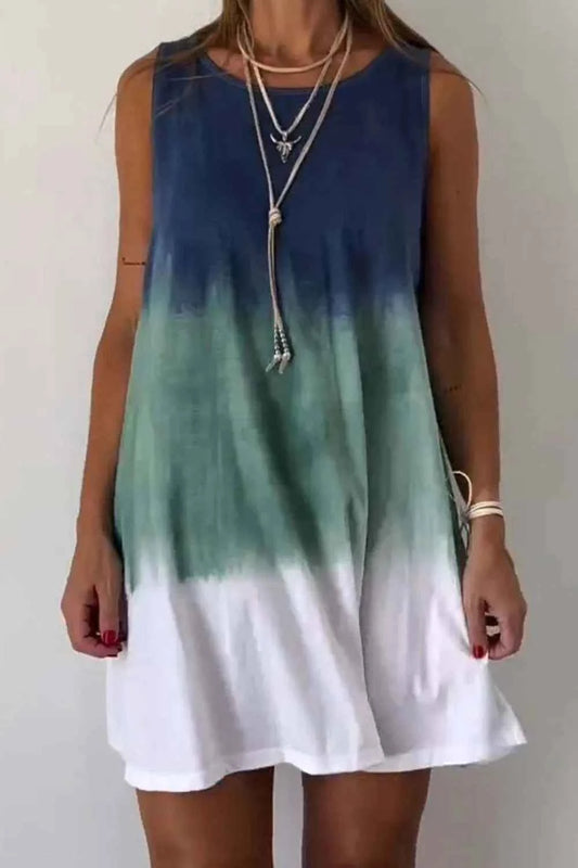 Full Size Tie-Dye Sleeveless Mini Tank Dress Plus Size French Blue