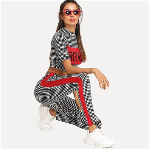 Mock Neck Crop Top and Contrast Tape Pants Set Athleisure 2 Piece Women Sets