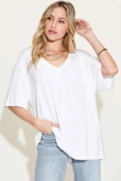 Basic Bae Full Size Bamboo V-Neck Drop Shoulder T-Shirt White