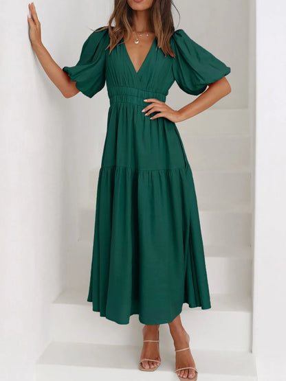 V-Neck Puff Sleeve Midi Dress Dark Green