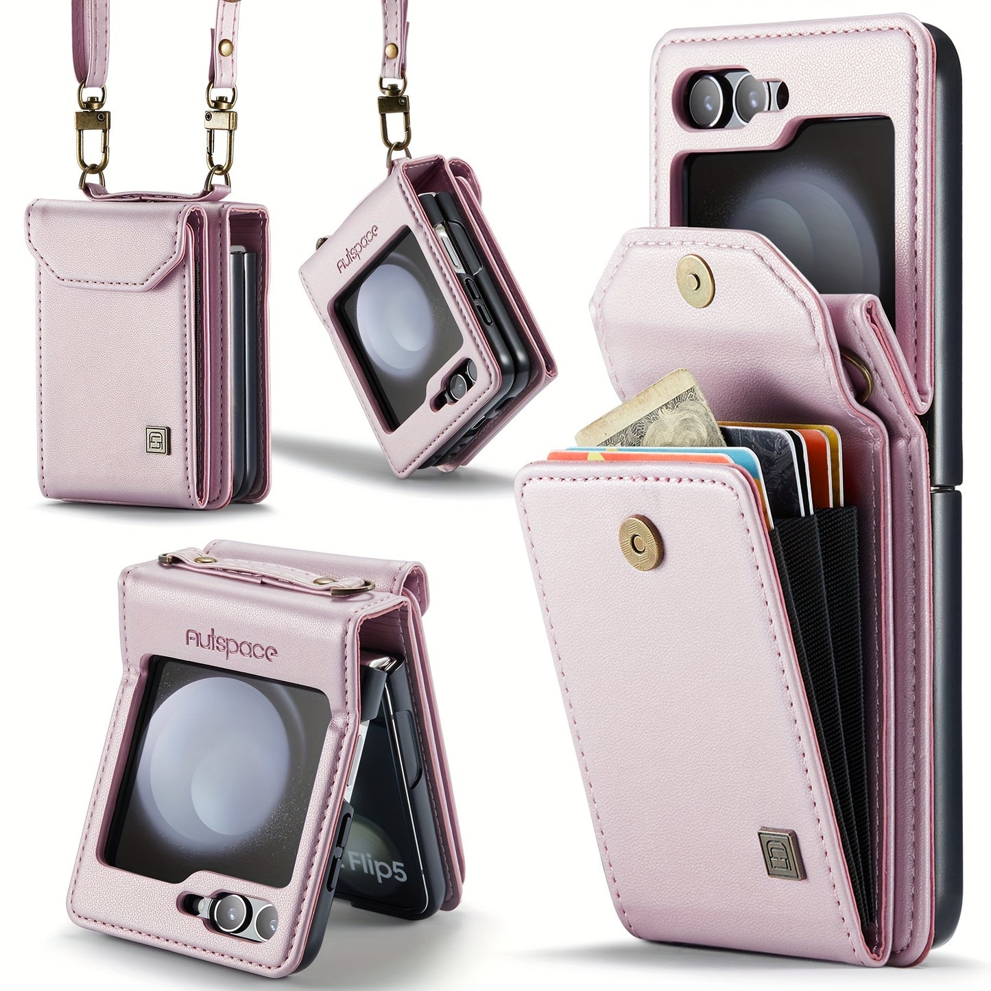 Crossbody Case for Samsung Galaxy Z Flip 3/4/5 - Vintage Faux Leather Strap, Magnetic Closure & Card Holder - Unisex Design in Black Light Pink Samsung Galaxy Z Flip 5