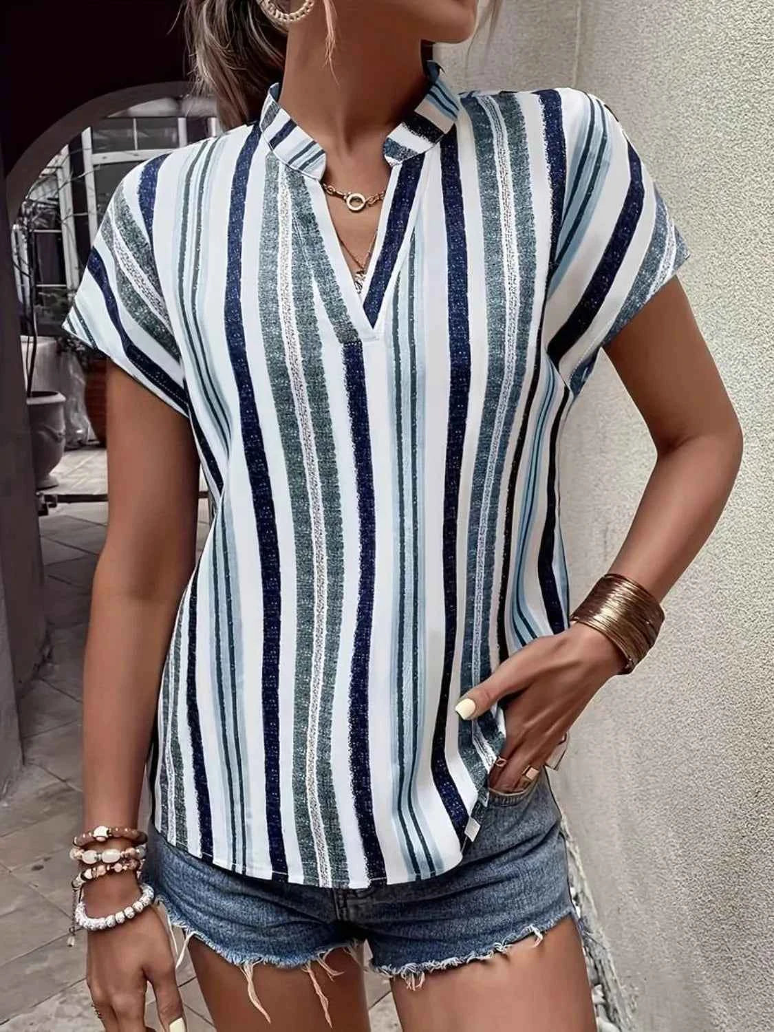 Striped Notched Short Sleeve Shirt