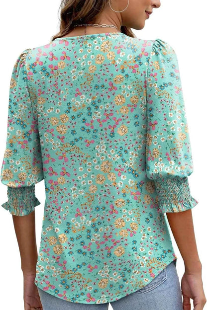 Printed Round Neck Three-Quarter Sleeve Blouse