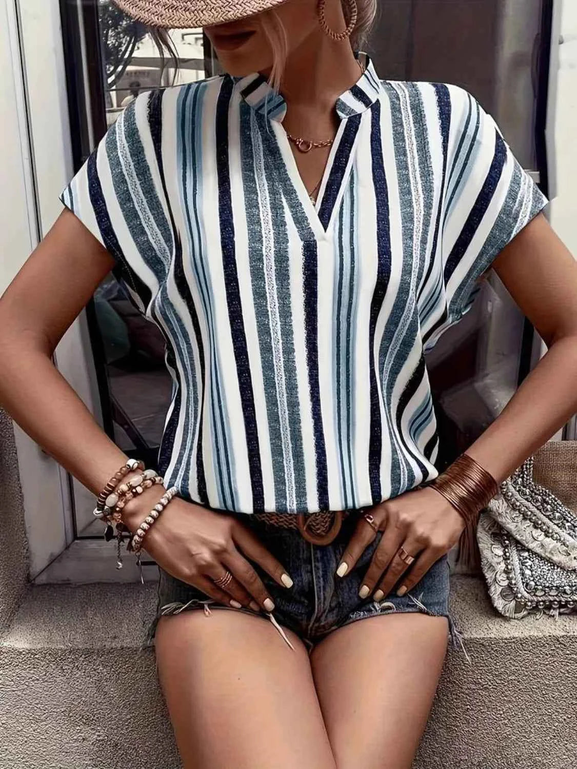 Striped Notched Short Sleeve Shirt