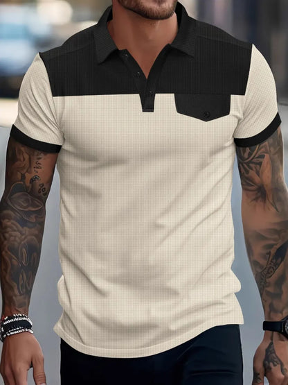 Men's Full Size Waffle-Knit Collared Contrast Polo Plus Size Beige