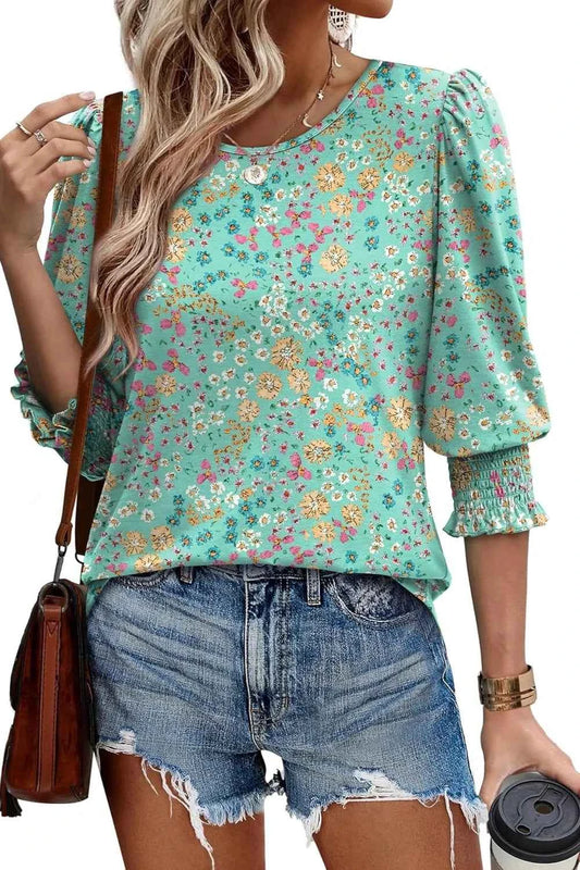 Printed Round Neck Three-Quarter Sleeve Blouse