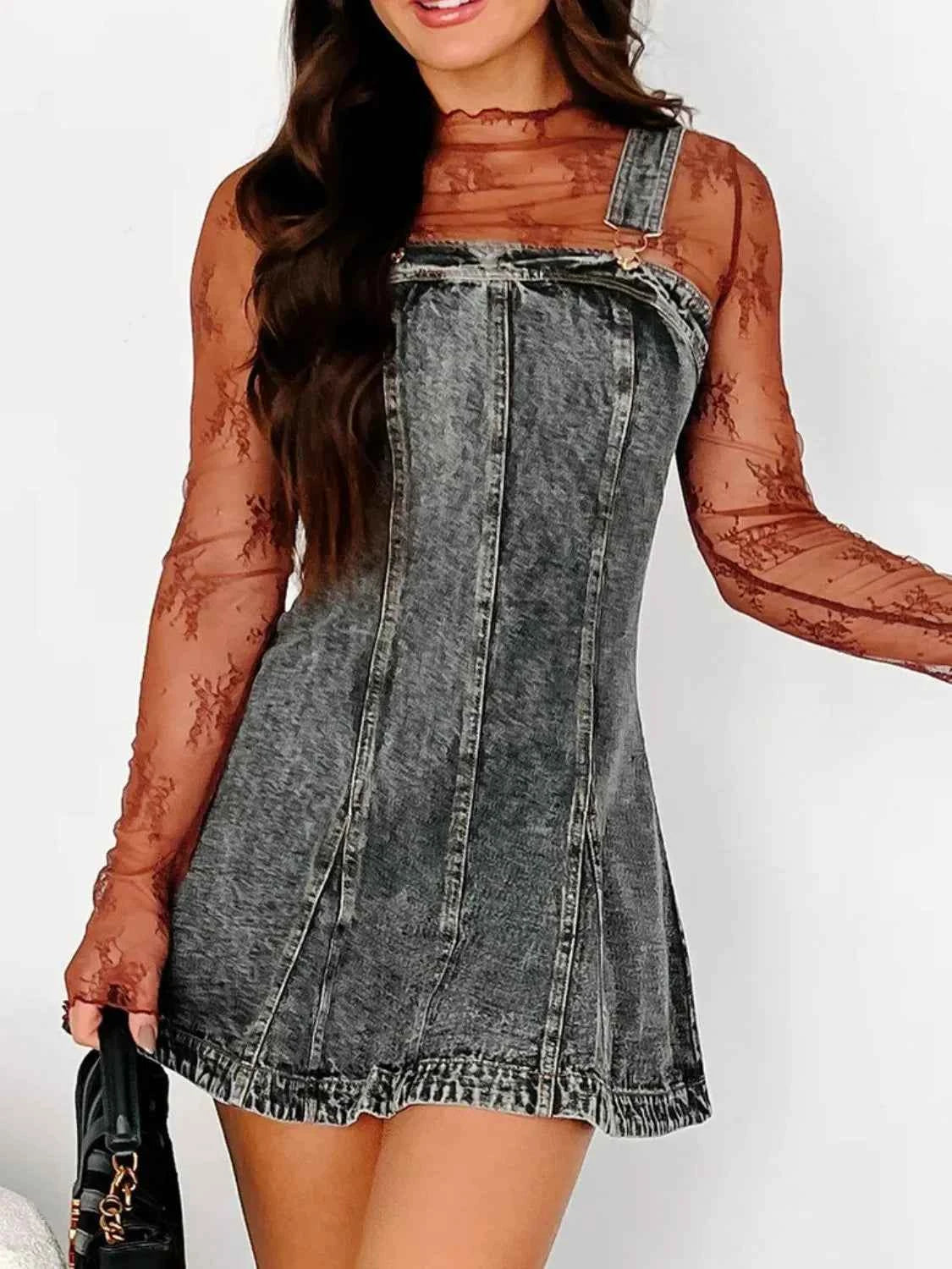 Square Neck Wide Strap Denim Dress