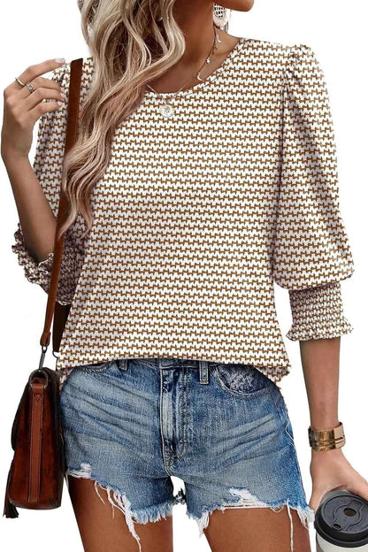 Printed Round Neck Three-Quarter Sleeve Blouse Khaki