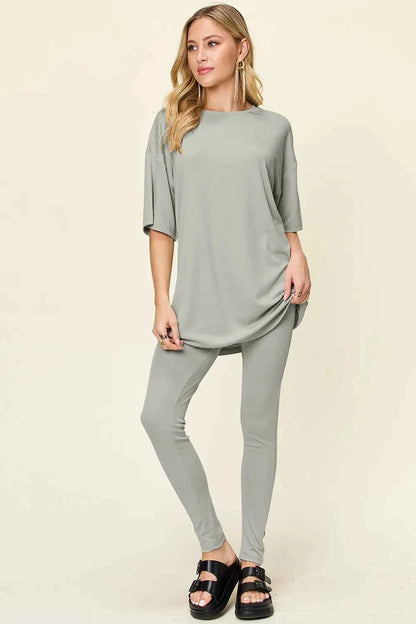 Double Take Full Size Round Neck Dropped Shoulder T-Shirt and Leggings Set Light Gray