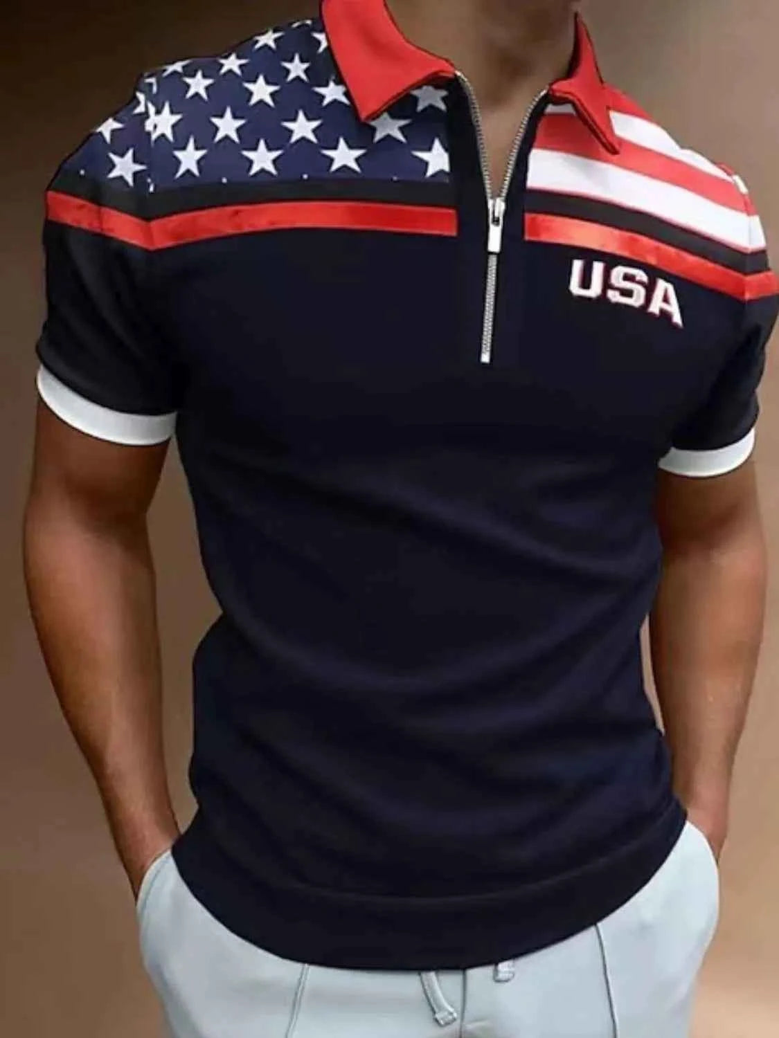 Men's Full Size Collared Neck Short Sleeve US Flag Polo Plus Size Dark Blue