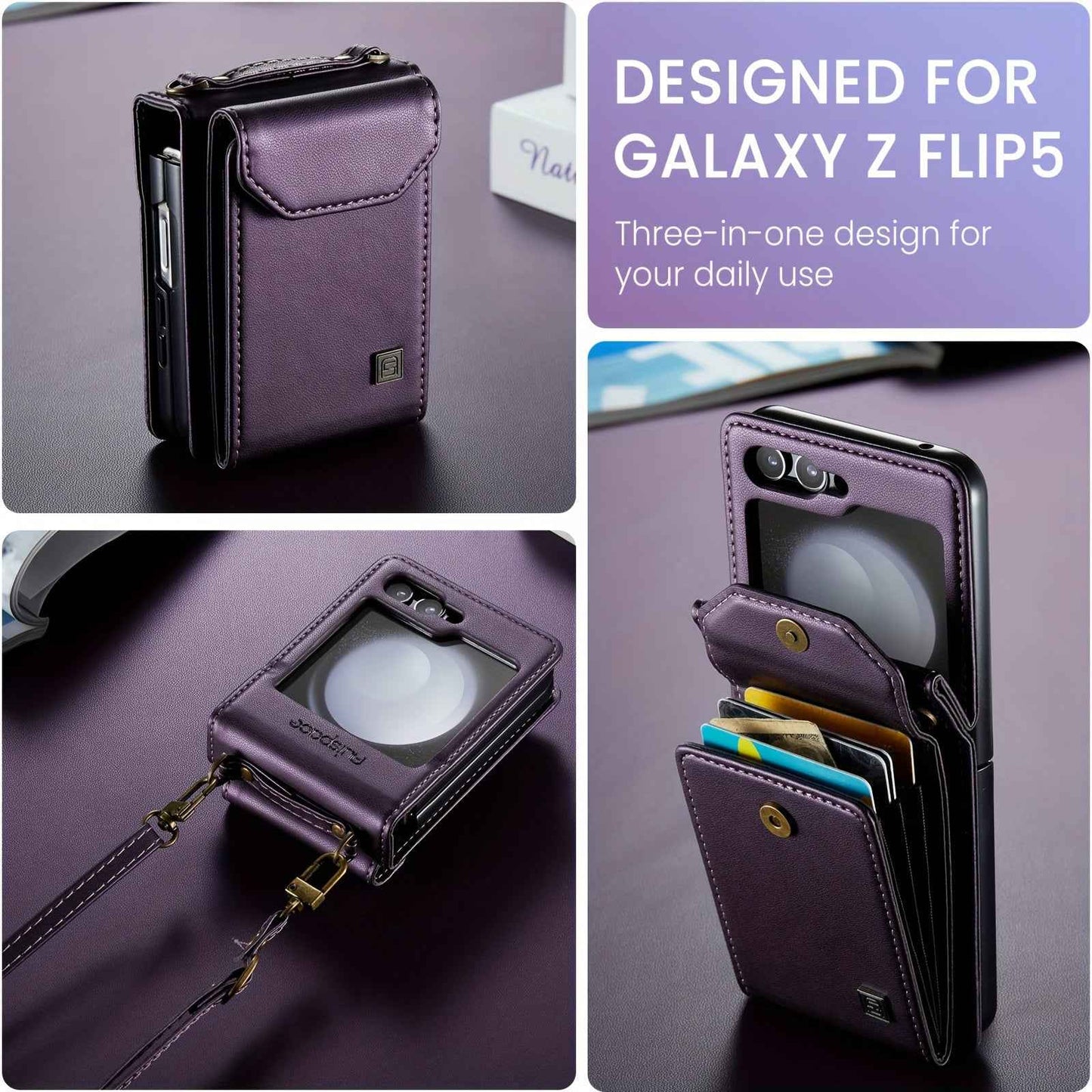 Crossbody Case for Samsung Galaxy Z Flip 3/4/5 - Vintage Faux Leather Strap, Magnetic Closure & Card Holder - Unisex Design in Black