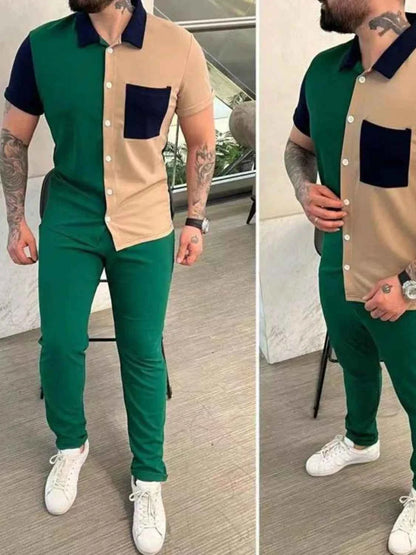 Men's Full Size Button Up Short Sleeve Top and Pants Set Plus Size Dark Green