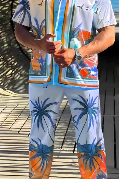 Men's Full Size Printed Short Sleeve Top and Pants Set Plus Size
