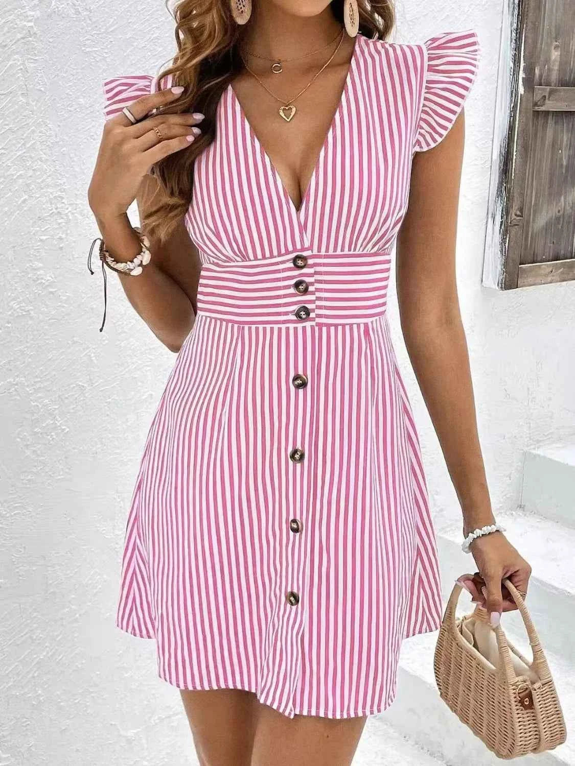 Striped Button Front Cap Sleeve Dress