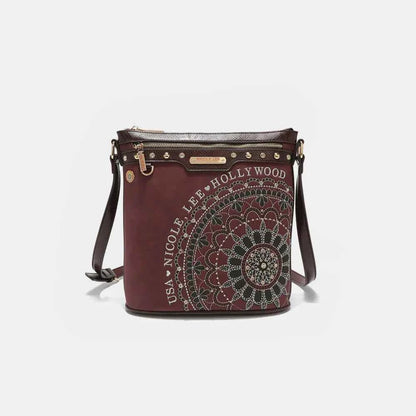 Nicole Lee USA Metallic Stitching Embroidery Inlaid Rhinestone Crossbody Bag Wine One Size