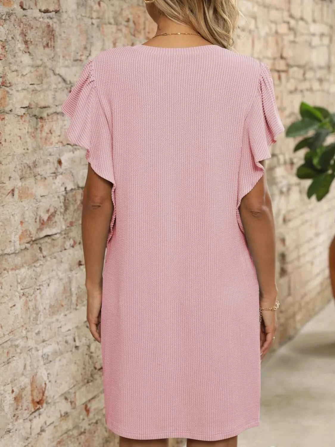 Ruffled V-Neck Cap Sleeve Mini Dress