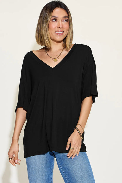 Basic Bae Full Size Bamboo V-Neck Drop Shoulder T-Shirt Black