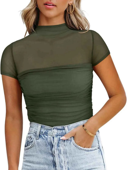 Mesh Mock Neck Short Sleeve T-Shirt