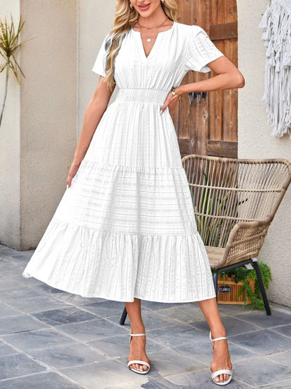 Tiered Notched Short Sleeve Dress