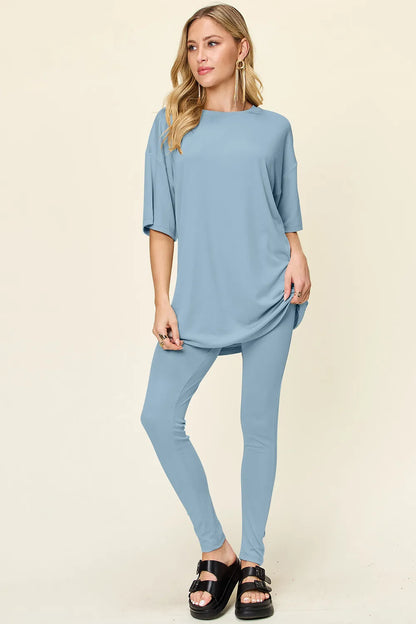 Double Take Full Size Round Neck Dropped Shoulder T-Shirt and Leggings Set Light Blue