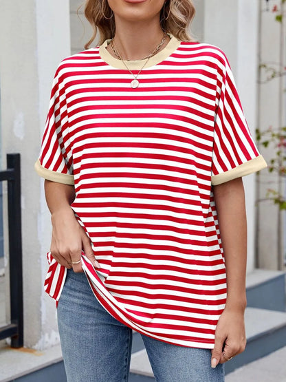 Striped Round Neck Half Sleeve T-Shirt Red White