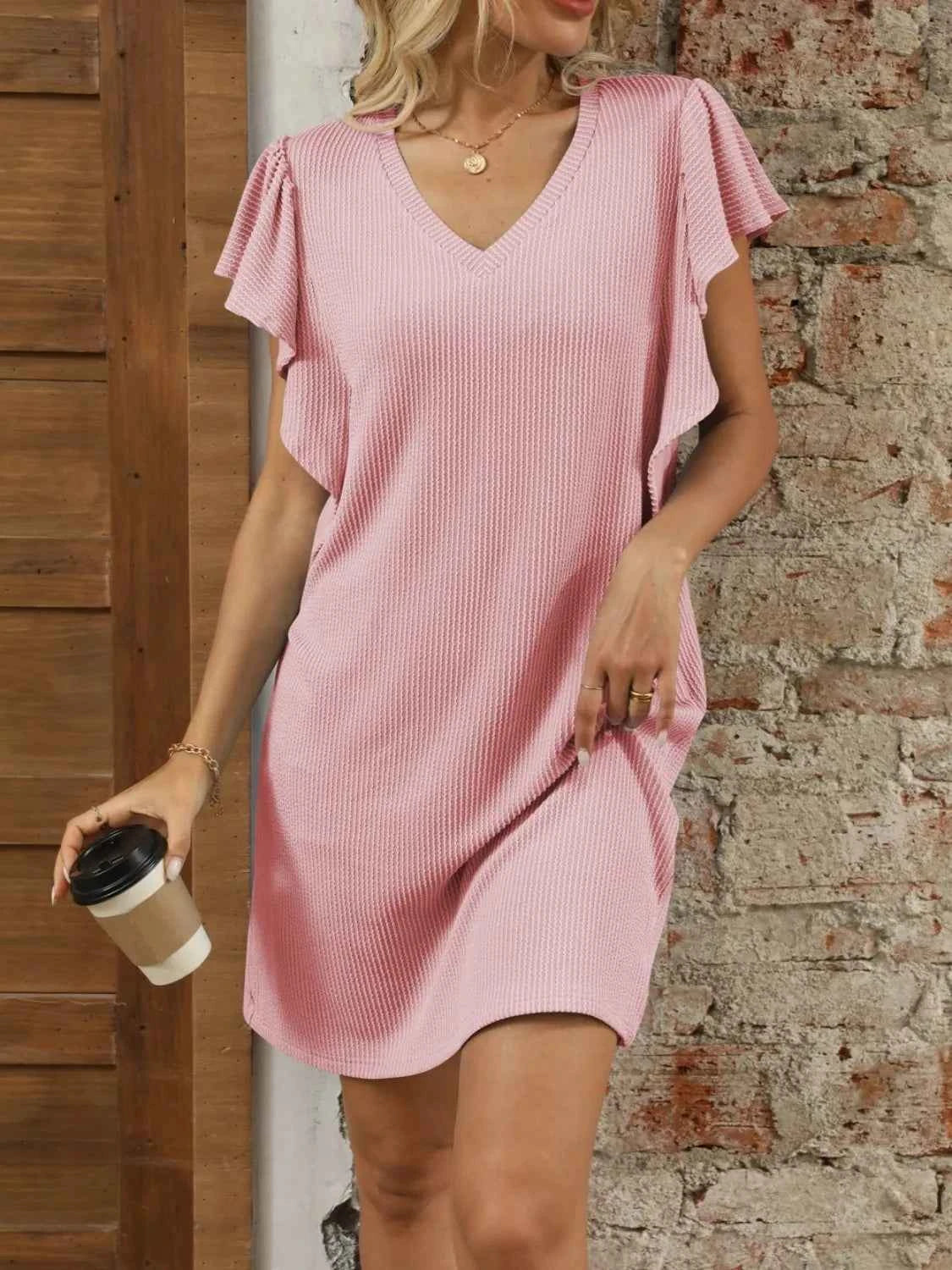 Ruffled V-Neck Cap Sleeve Mini Dress