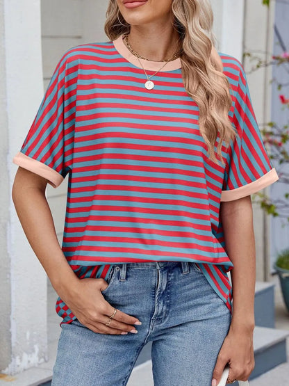 Striped Round Neck Half Sleeve T-Shirt Red Gray