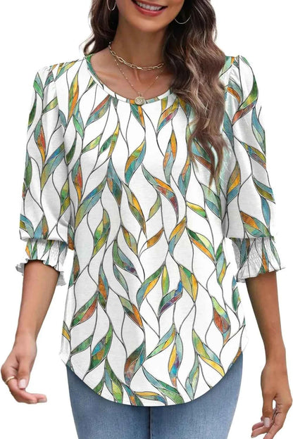 Printed Round Neck Three-Quarter Sleeve Blouse