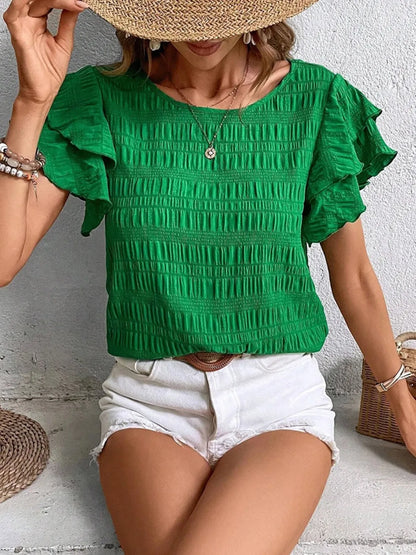 Round Neck Ruffled Short Sleeve Top