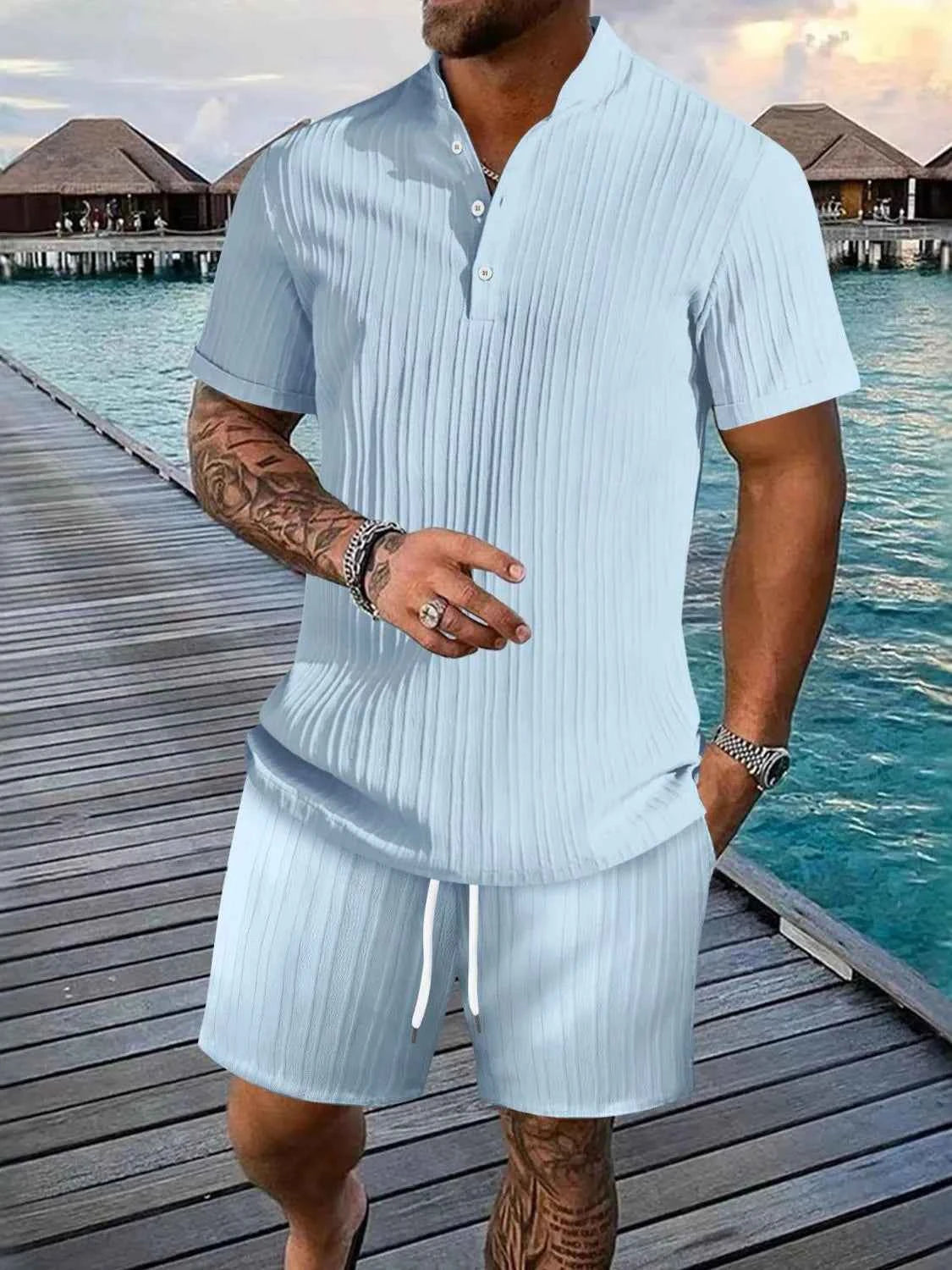 Men's Full Size Button Detail Short Sleeve Top and Shorts Set Plus Size