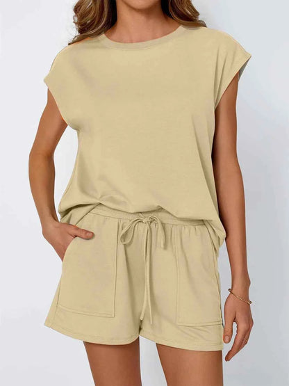 Round Neck Cap Sleeve Top and Shorts Set Tan