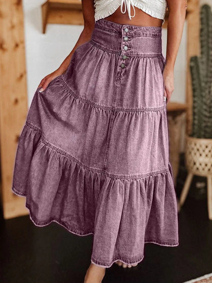 Ruched Button Fly Denim Skirt Lilac