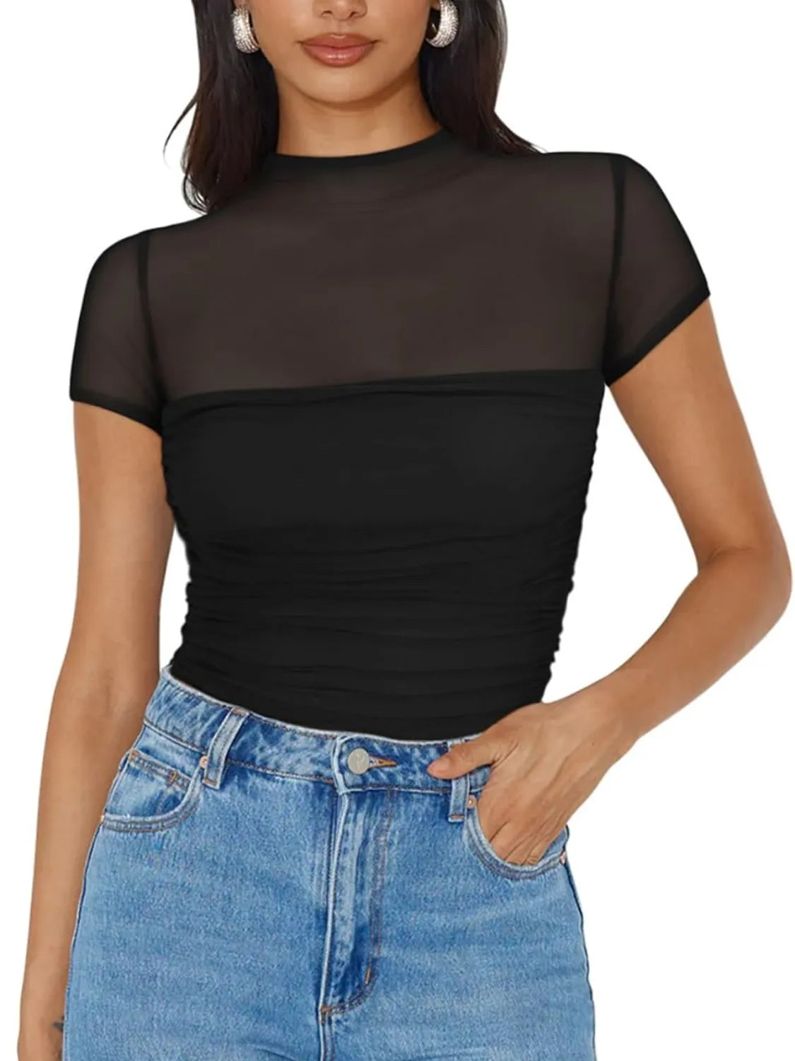 Mesh Mock Neck Short Sleeve T-Shirt