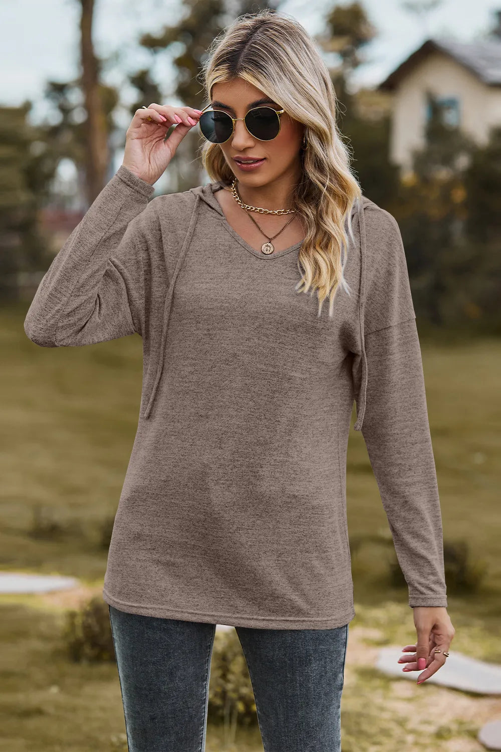 Drawstring Dropped Shoulder Hooded T-Shirt Mocha