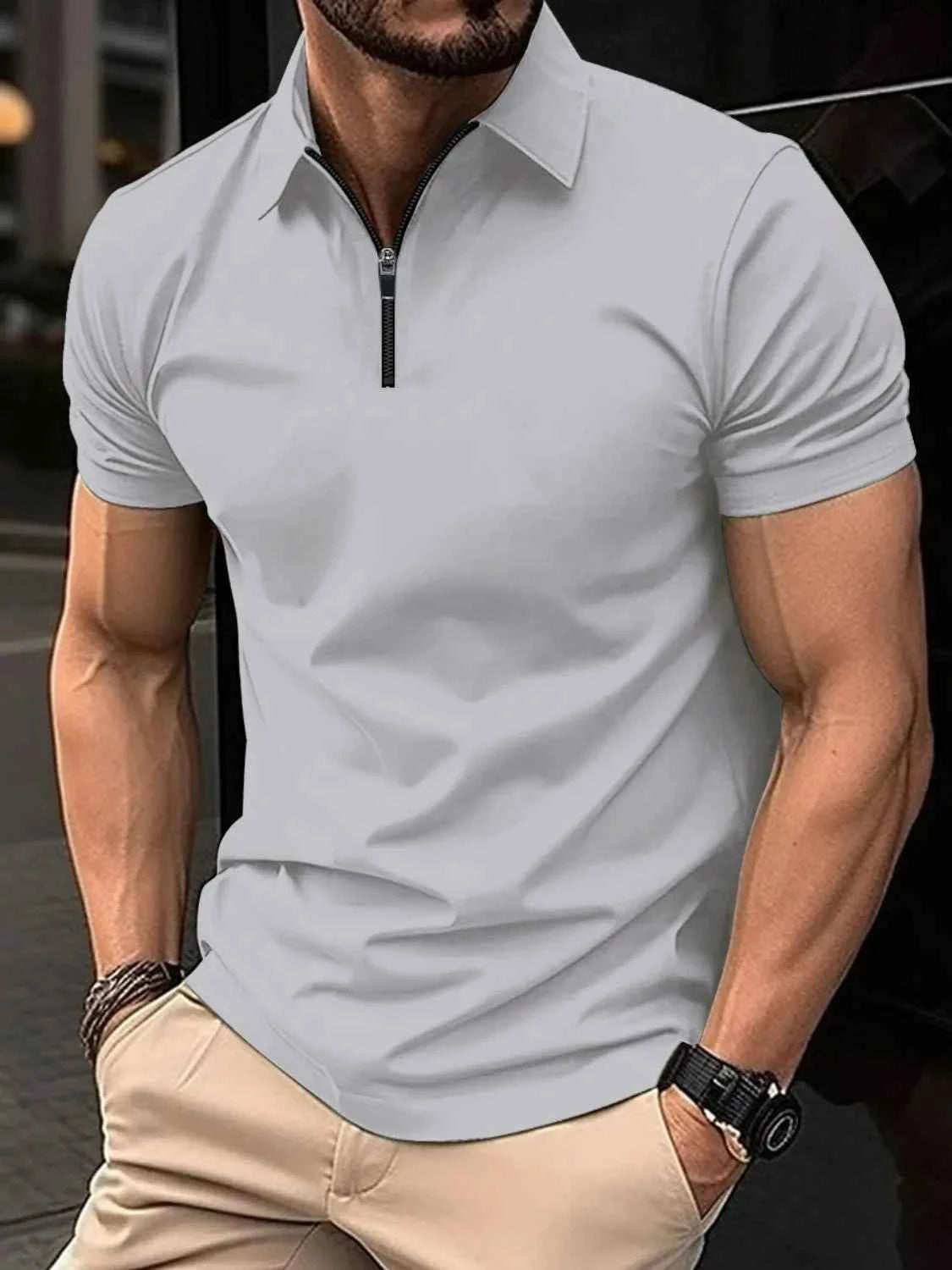 Men's Full Size Collared Neck Short Sleeve Polo Plus Size Gray
