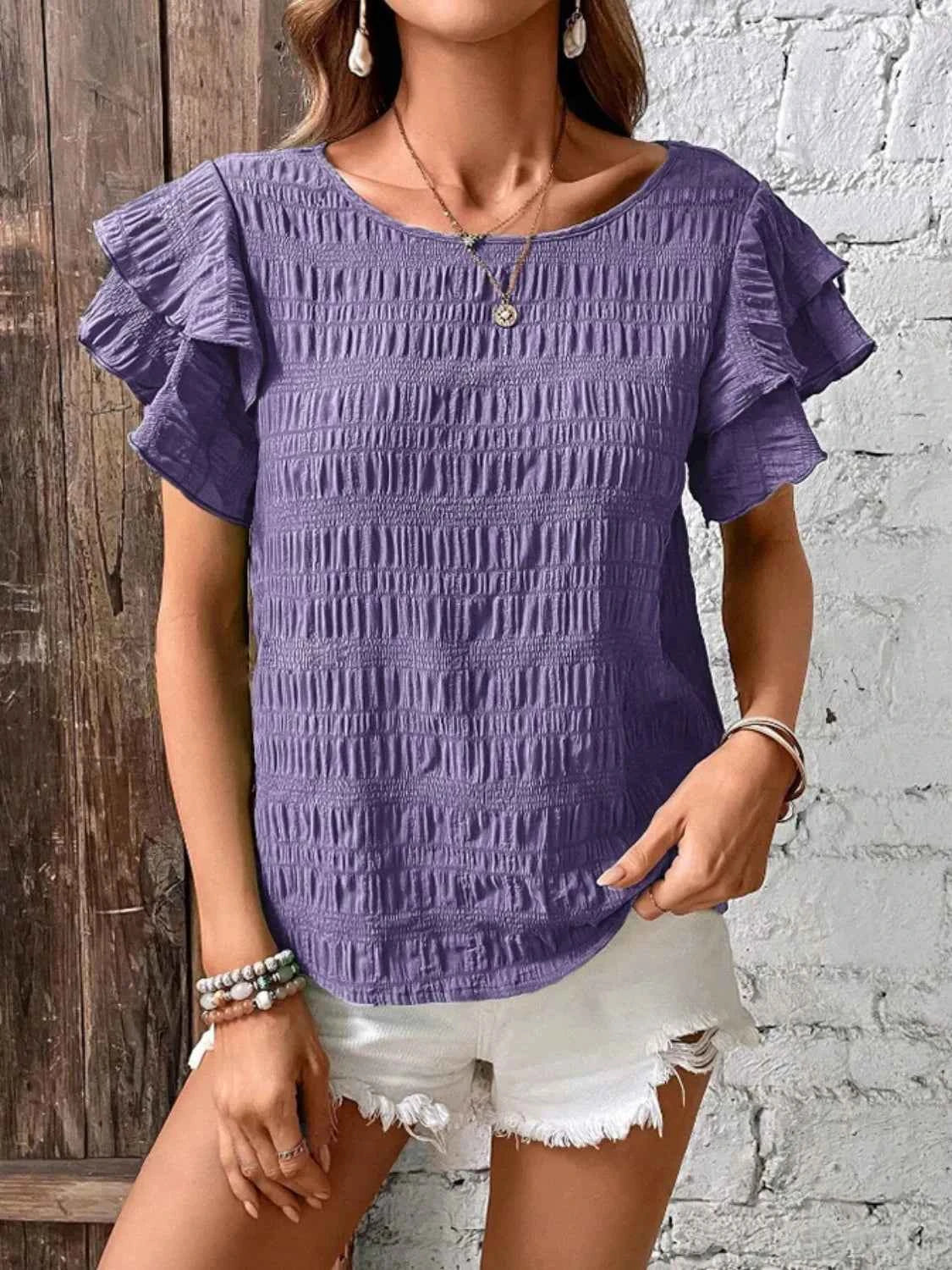 Round Neck Ruffled Short Sleeve Top