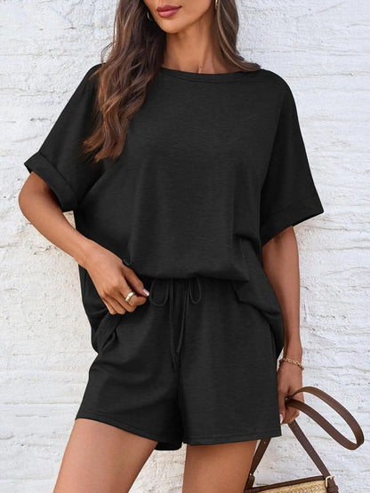 Round Neck Short Sleeve Top and Shorts Set Black