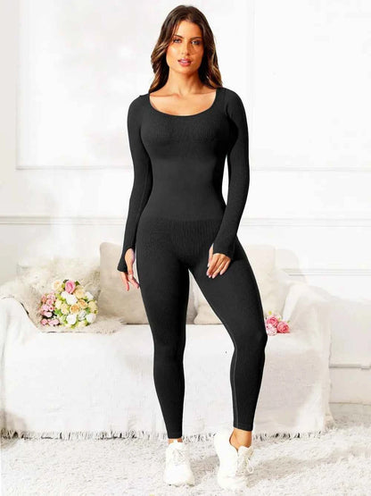 Scoop Neck Long Sleeve Active Jumpsuit Black