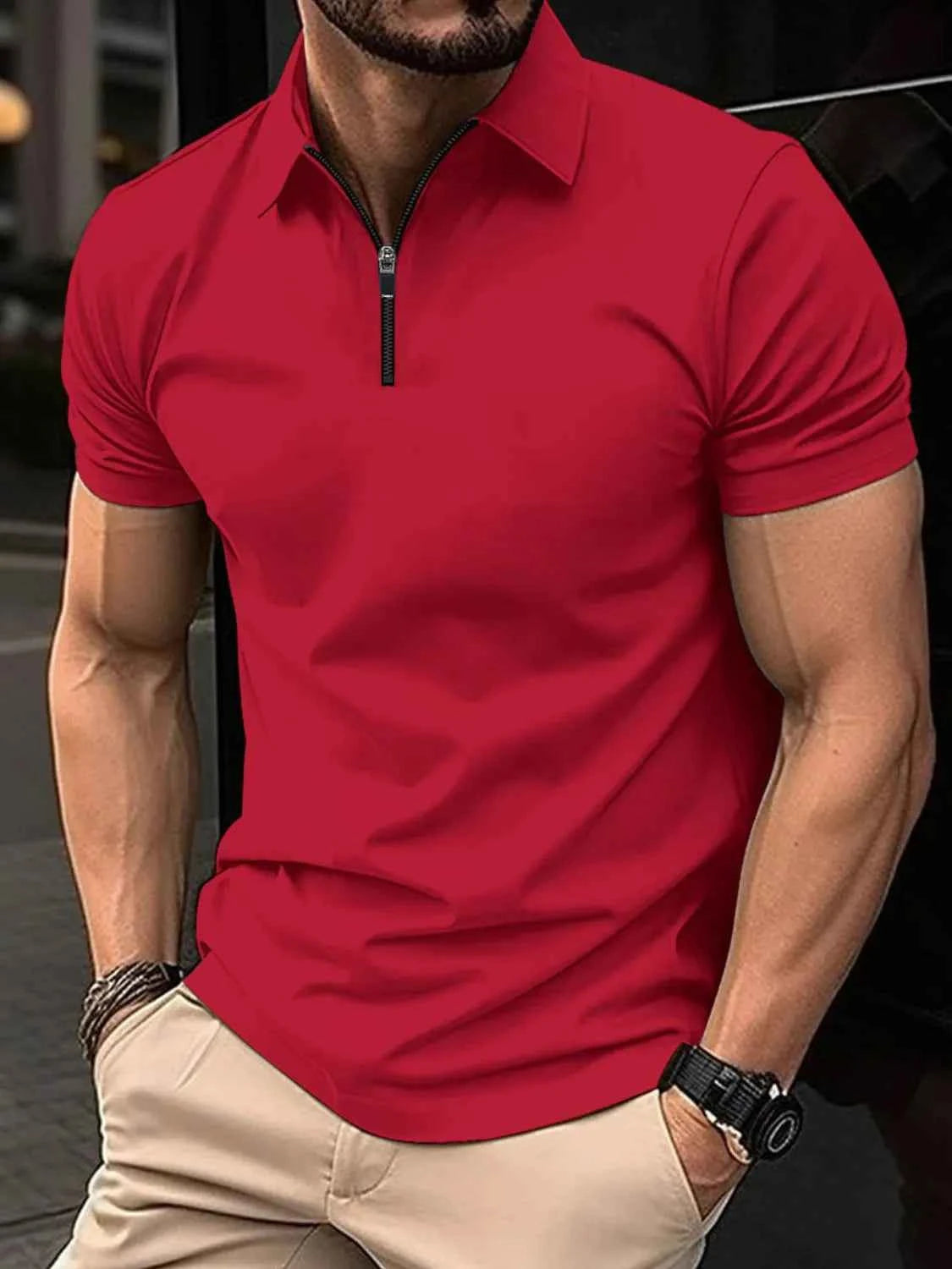 Men's Full Size Collared Neck Short Sleeve Polo Plus Size Deep Red