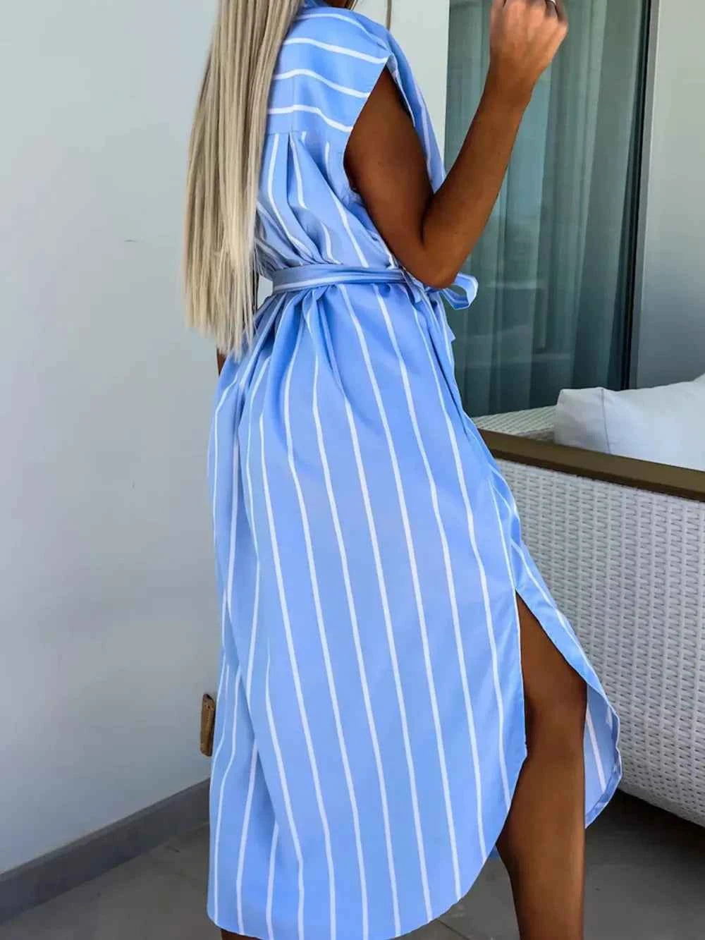 Striped Tie Waist Short Sleeve Dress