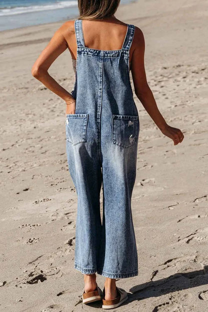 Distressed Bib Pocket Wide Leg Denim Overalls