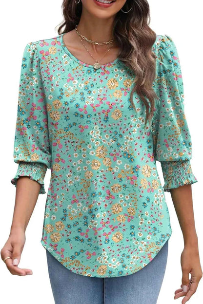 Printed Round Neck Three-Quarter Sleeve Blouse