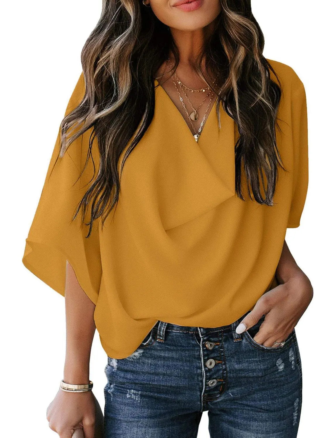Full Size Ruched Three-Quarter Sleeve Blouse Plus Size Mustard