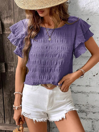 Round Neck Ruffled Short Sleeve Top