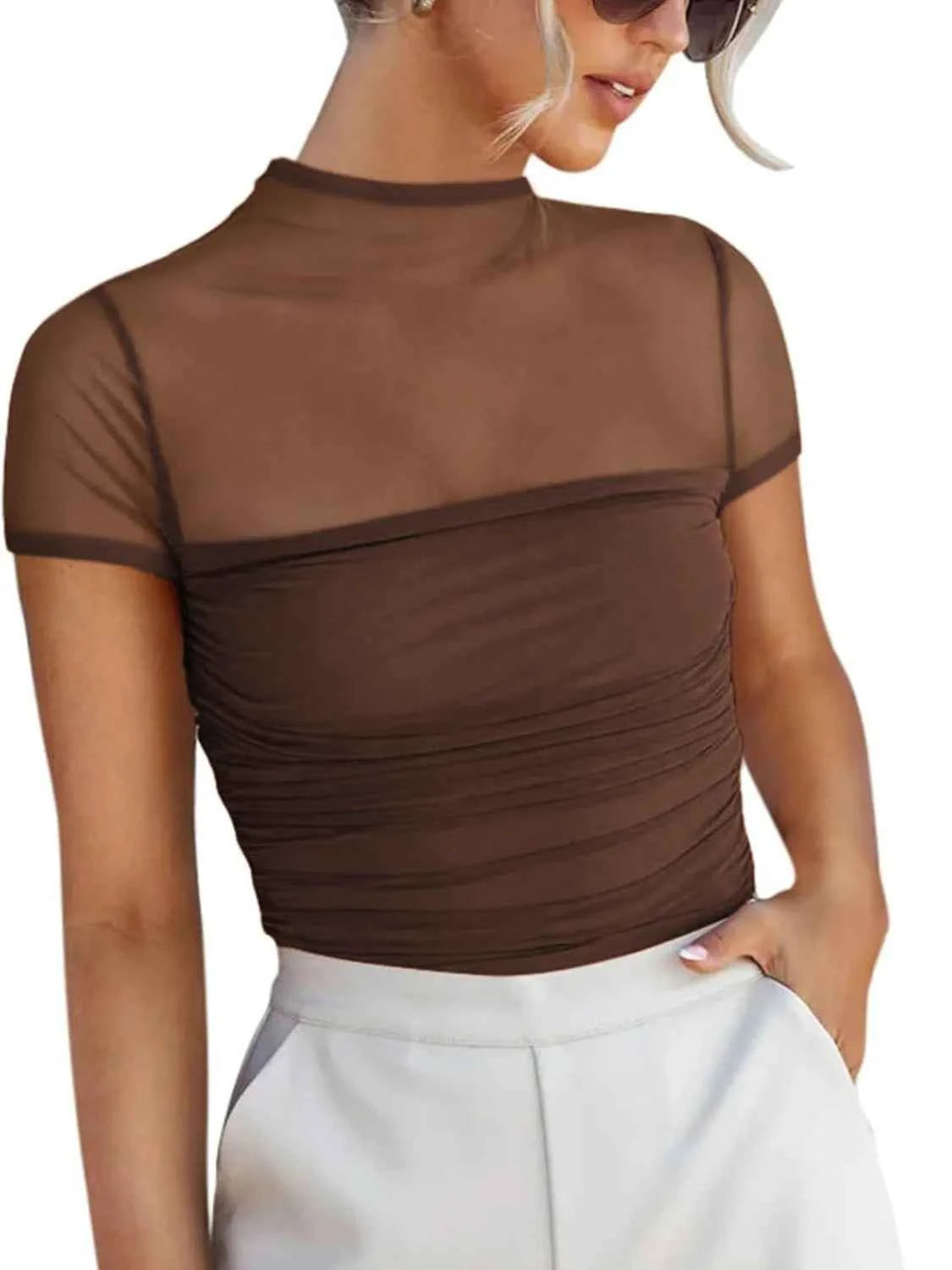 Mesh Mock Neck Short Sleeve T-Shirt