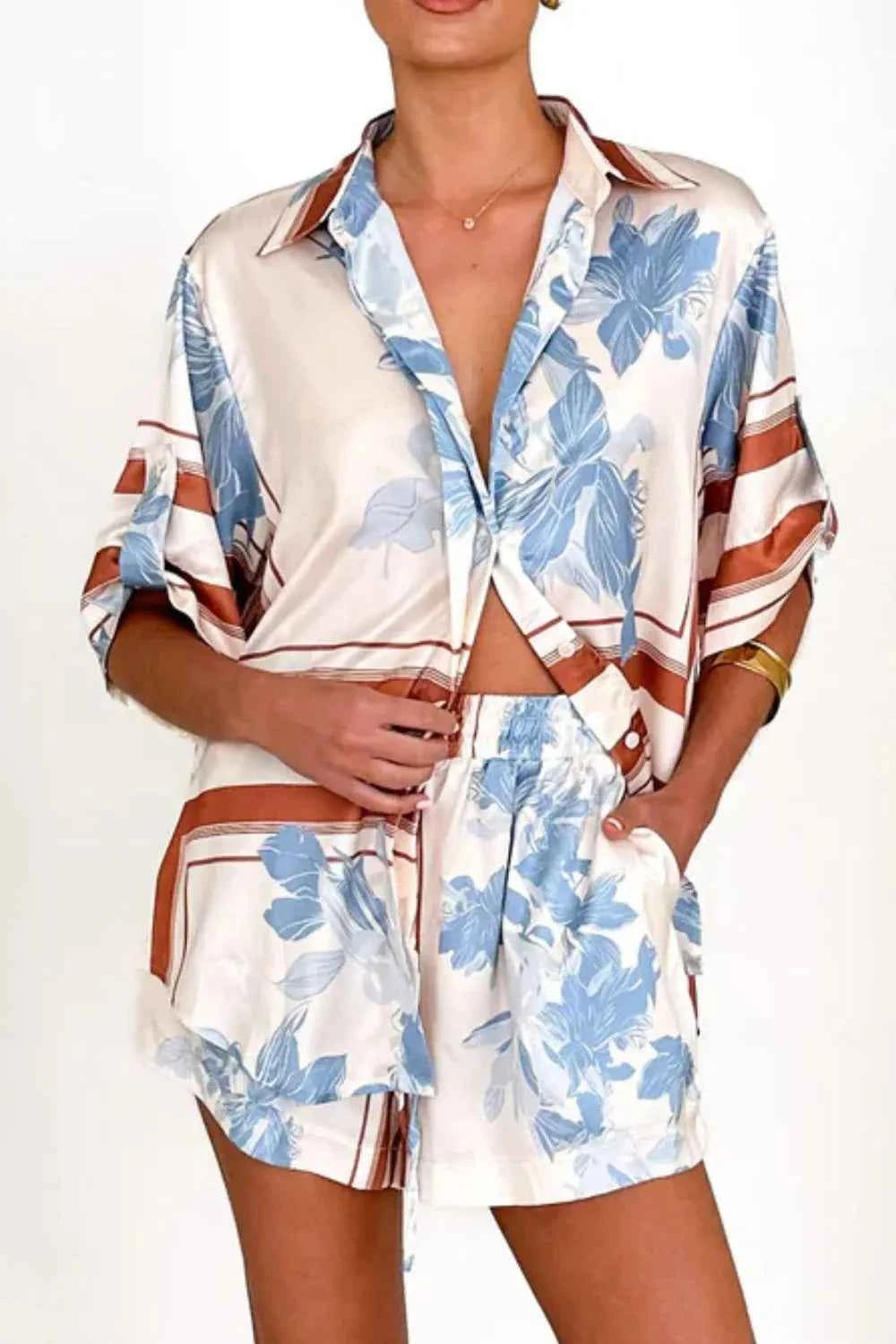 Printed Collared Neck Top and Shorts Set