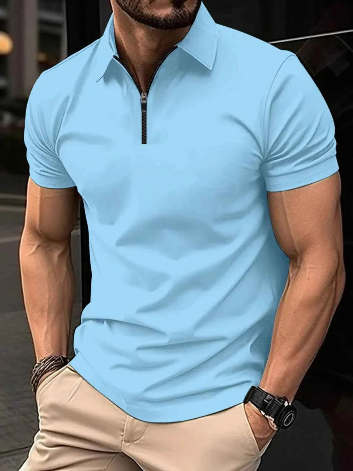 Men's Full Size Collared Neck Short Sleeve Polo Plus Size Pastel Blue