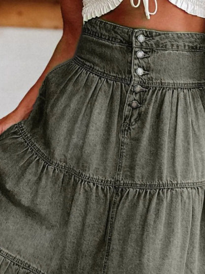 Ruched Button Fly Denim Skirt
